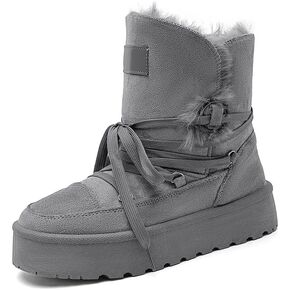 Winter Snow Boots for Women Grey Faux Fur Warm Water Resistant Outdoor Ankle High Booties