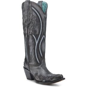 CORRAL LADIE'S BROWN/BLUE OVERLAY & EMBROIDERY TALL TOP, LEATHER SOLE, COWHIDE LEATHER, WESTERN BOOT, A4699