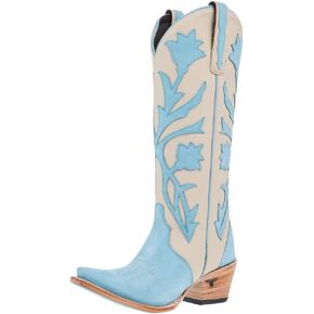 Lane Womens Jolene Floral Tooled Inlay Snip Toe Casual Boots Over the Knee Mid Heel 2-3" - Blue, Off White - Size 7 B