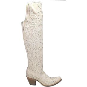 Corral Boots Womens Glitter Tooled Inlay Snip Toe Casual Boots Over the Knee Mid Heel 2-3" - White