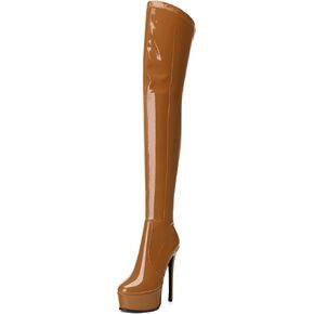 AMBELIGHT Platform Over The Knee Boots for Women Thigh High Stiletto Zipper Round Toe Patent Long Boots Elegant Classic Sexy Fashion Tall Boots