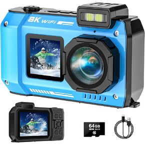 UHD 8K Underwater Camera, 70MP 33FT WiFi Waterproof Digital Camera with 64GB Card, Auto Focus Waterproof Dual-Screen Selfie 2500mAh Battery, 18X Floatable Digital for Snorkeling, Blue