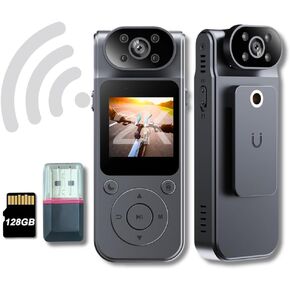 4K HD Body Camera Video Recorder with 180° Rotation Lens and WiFi for Real-Time Viewing, 128GB Memory, and Infrared Night Vision Cam, Ideal for Outdoor Security, Law Enforcement, Travel.(4K-128G)