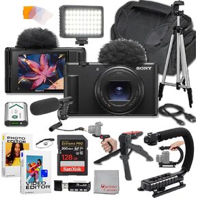 Sony ZV-1 II Vlog Camera for Content Creators and Vloggers: 128GB Extreme Memory, Mic, Video Light, Editing Software, U-Grip, and Tripod Bundle (21pc)