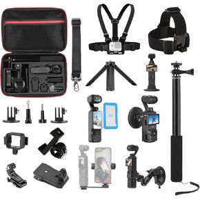 22 in 1 Pocket 3 Accessories Kit, Including Hard Case, Suction Car Mount, Tripod, Magnetic, Desktop Base, Selfie Stick, Chest Head Strap, Pocket 3 Phone Holder, Screen Protector, Backpack Clip