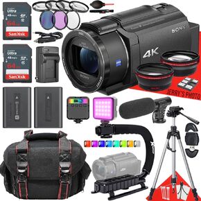 Sony FDR-AX43 UHD 4K Handycam Camcorder + 2PC 64 GB Memory + Extra Battery + Filters + Shotgun Video Microphone + U-Grip Handle + More (29pc Bundle)