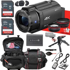 Sony FDR-AX43 UHD 4K Handycam Camcorder + AUX Wide Angle and Telephoto Lens + 2PC 64 GB Memory + Hand Grip Tripod + More (17pc Bundle)
