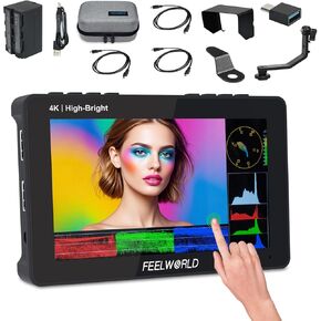 FEELWORLD F6 Pro DSLR Camera Field Monitor Bundle Includes F970 Battery + Charger + Carry Case + External Kit，5.5 Inch 1600nits 1920x1080 IPS Touchscreen with 3D LUT, 4K HDMI in/Out, Type - c Input.