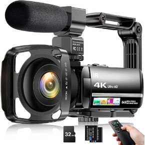 4K فيديو كاميرا كاميرا كاميرا الفيديو 64MP VLOGGATING CAMERATING لـ YouTube 18x Digital Zoom 3.0 "شاشة IPS IR Light مع ميكروفون ستيريو خارجي ، مثبت محمول ، عن بُعد ، غطاء عدسة العدسة ، بطاقة 32 جرام وبطاريات 2