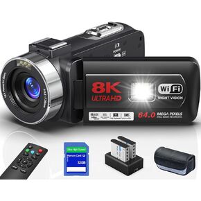 8K Video Camera 64MP Camcorder YouTube Vlogging Cameras 18X Digital Zoom Webcam IR Night Vision WiFi 3.0"Touch Screen Camcorders with Stabilizer, Mic, 64G SD Card, Remote Control and 2 Batteries