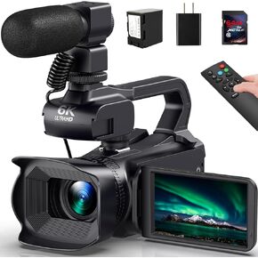 6K Camcorder Video Camera 64MP IR Night Vision Vlogging Camera for YouTube 18X Digital Zoom 4.0 Inch Touch Screen Video Camera with WiFi, Microphone, Remote Control, 64GB SD Card,Stabilizer