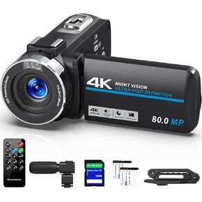 4K Video Camera Camcorder Ultra 80MP Vlogging Camera for YouTube IR Night Vision 18X Digital Zoom Camcorder 3.0'' IPS Screen Video Camera with SD Card, 2 Batteries, Remote Control, and Stabilizer