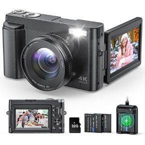 4K Digital Camera for Photography and Video, Autofocus Anti-Shake 48MP Vlogging Camera for YouTube, 3'' 180°Flip Screen Camera with Flash 16X Zoom, Digital Camera with 32GB Card Battery Charger Black
