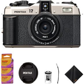Pentax 17 Compact Film Camera with Half-Frame Format, 25mm F3.5 Lens, Manual ISO 50-3200, 6 Zone Focus, Includes Kodak Gold 200 Color Negative 35mm Roll Film (3 Pack) & Cleaning Cloth Bundle Kit