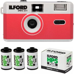 Ilford Sprite 35-II Reusable and Reloadable 35mm Analog Film Camera (Silver and Red) Bundle with HP5 Plus ISO 400 Black and White 36 Exposures 35mm Roll Film (3-Pack) (4 Items)