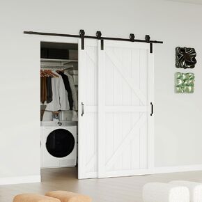 Bypass Barn Door, 96"(Double 48") x 84" Sliding Barn Door with 8(4 x 2) FT Sliding Bypass Barn Doors Hardware Kit, 5-Panel Glass, MDF and DIY Painted, Easy Installation - White