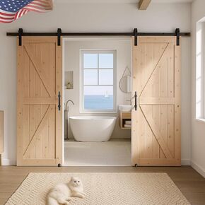 S&Z TOPHAND® 38in x 84in Double Sliding MDF Barn Door with 13FT Sliding Door Hardware Kit, Solid Slab Covered with Water-Proof PVC Surface, Simple DIY Assembly