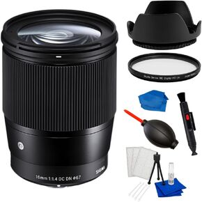 SSE Sigma 16mm f/1.4 DC DN Contemporary Lens for Micro Four Thirds (Black) - UV Filter 67mm, Lens Hood, Starter kit, Cleaning Cloth, Clower, Lens Pen - 7PC Bundle