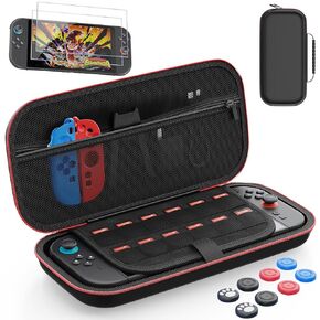 Protective Travel Case for Switch 2 (2025 Model, 7.9") – EVA Hard Shell Carrying Bag with 2 Tempered Glass Screen Protectors & 4 Pairs Thumb Grip Caps – Large Storage for Console & Accessories – Black