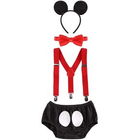 Baby Boys 1st Birthday Cake Smash Outfit Adjustable Y Back Clip Suspenders Bowtie set Bloomers + Mouse Ears Headband