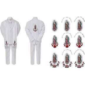 Baby Boy Teen Baptism Formal White Suit Silver Guadalupe on Stole & Back SM-20