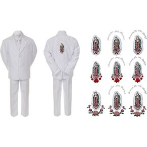 Baby Boy Communion Formal White Notch Lapel Suit Silver Guadalupe on Back SM-20