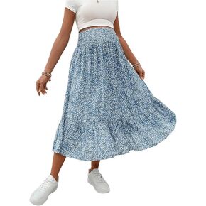 OYOANGLE Women's Maternity Floral Print Boho Midi Skirt Shirred High Waisted Flowy Casual Pregnancy Long Skirts