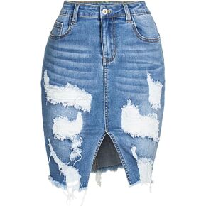 Denim Skirt for Women 2025 High Waisted Stretchy Ripped Distressed Jean Skirts Tight Short Jeans Bottoms with Slit