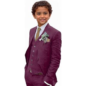 Kids Linen Suits for Boys 3-Piece Slim Fit Formal Dresswear Outfit Boy Beach Wedding Tuxedo Set Jacket Vest and Pants