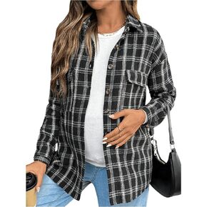 MakeMeChic Women's Maternity Jacket Plaid Button Down Long Sleeve Pocket Pregnancy Coat