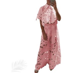 Women's Sexy 2 PCS Button Lace Flowers Shirts Tops Bodycon Wide Leg Pants, Lace Outfits for Women 2 Piece Sets