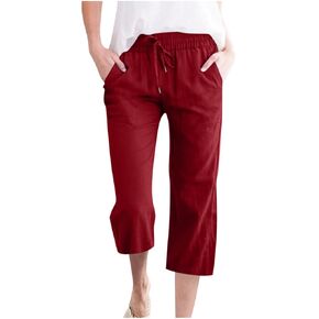 LRMQS Capris Pants for Women Cotton Linen Casual Summer 2025 Straight Wide Leg Loose Drawstring Elastic Waist Cropped Trouser