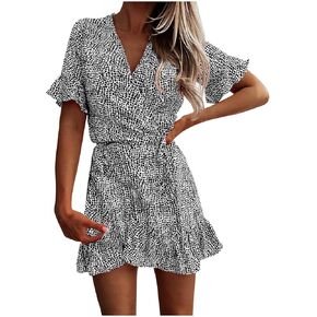 Maryia Women's Summer Dresses V Neck Wrap Casual Loose Cute Leopard Floral Print Swing Ruffle Hem Beach Mini Dress