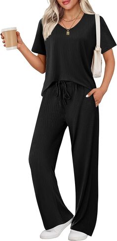 Ekouaer Womens Ribbed Knit Lounge Set Short Sleeve Top and Long Pants Sleepwear Pajama Set Two Piece Matching Outfits Set in Kuwait