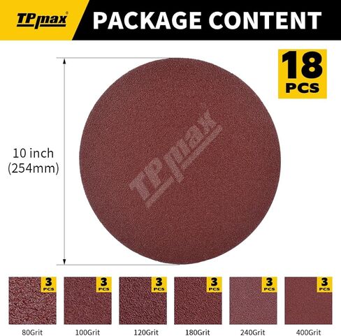 TPmax 18 PCS 12 Inch NO-Hole PSA Aluminum Oxide Sanding Disc, Self Stick(3 Each of 60 100 150 180 240 400 Grit) Brown in Kuwait