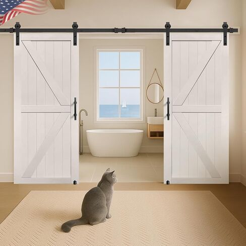 S&Z TOPHAND® 30in x 80in Double Glass Sliding MDF Barn Door with 10FT Sliding Door Hardware Kit, 5 Tempered Frosted Glass, Slab Inside Covered with Water-Proof PVC Surface, Simple DIY Assembly in Saudi Arabia