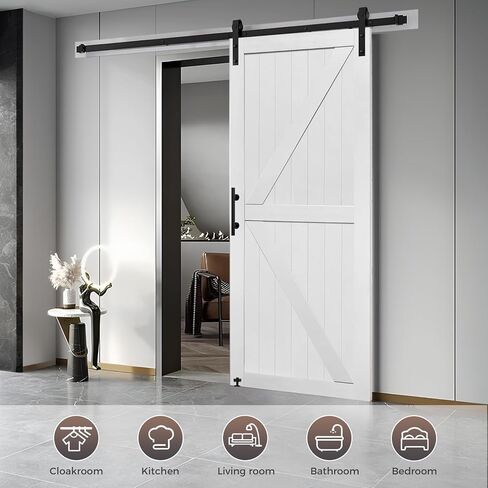 S&Z TOPHAND® 30in x 80in Double Glass Sliding MDF Barn Door with 10FT Sliding Door Hardware Kit, 5 Tempered Frosted Glass, Slab Inside Covered with Water-Proof PVC Surface, Simple DIY Assembly in Saudi Arabia