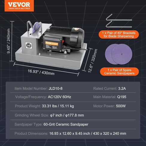 VEVOR Lawnmower Blade Grinder, 2/3 HP 1700 RPM Motor with 7'' Diameter Standard & Reverse Wheel, 30 & 40 Grinding Degree Steel Mower Sharper for Blades & Tool Grinding in Garden or Workshop in Saudi Arabia