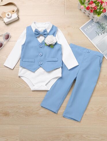 IDOPIP Baby Boy Clothes Suit Infant Gentleman Outfit First Birthday Baptism Wedding Dress Romper Shirt+Tie+Vest+Pants+Corsage in Saudi Arabia