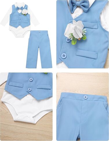 IDOPIP Baby Boy Clothes Suit Infant Gentleman Outfit First Birthday Baptism Wedding Dress Romper Shirt+Tie+Vest+Pants+Corsage in Saudi Arabia