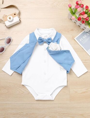 IDOPIP Baby Boy Clothes Suit Infant Gentleman Outfit First Birthday Baptism Wedding Dress Romper Shirt+Tie+Vest+Pants+Corsage in Saudi Arabia