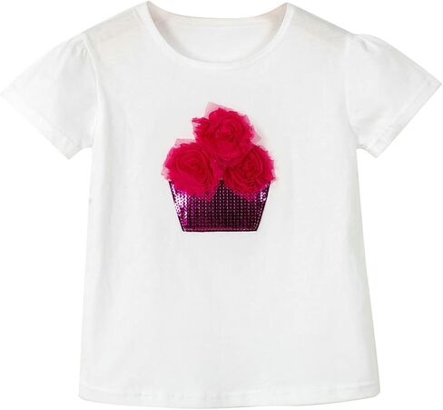 Girls Undershirt Toddler Kids Baby Boys Girls Solid Basic Short Sleeve Sequin Flower Pot for Children Girls White in Saudi Arabia