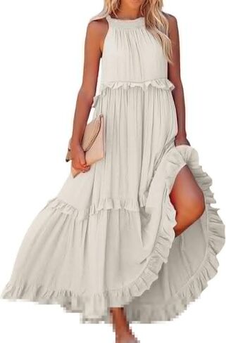 Smocked Dress Women Summer Sleeveless Tank Dresses Halter Tie Back Flowy Ruffle Tiered Maxi Dress with Pockets in Kuwait