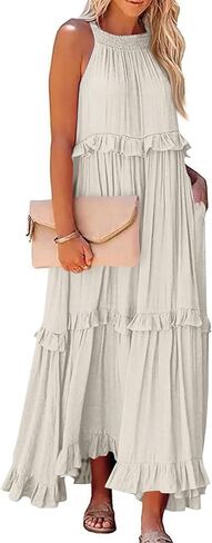 Smocked Dress Women Summer Sleeveless Tank Dresses Halter Tie Back Flowy Ruffle Tiered Maxi Dress with Pockets in Kuwait