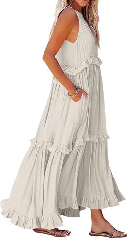 Smocked Dress Women Summer Sleeveless Tank Dresses Halter Tie Back Flowy Ruffle Tiered Maxi Dress with Pockets in Kuwait