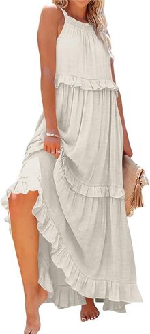Smocked Dress Women Summer Sleeveless Tank Dresses Halter Tie Back Flowy Ruffle Tiered Maxi Dress with Pockets in Kuwait