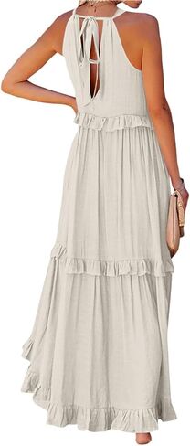 Smocked Dress Women Summer Sleeveless Tank Dresses Halter Tie Back Flowy Ruffle Tiered Maxi Dress with Pockets in Kuwait