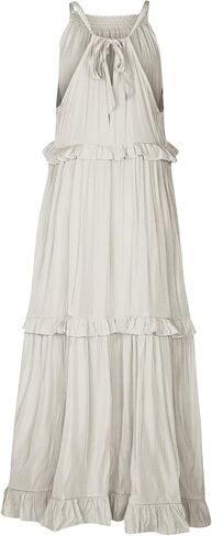 Smocked Dress Women Summer Sleeveless Tank Dresses Halter Tie Back Flowy Ruffle Tiered Maxi Dress with Pockets in Kuwait