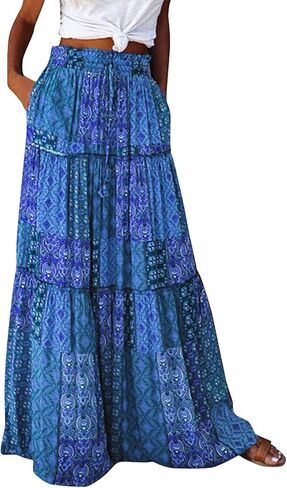 Womens Boho Tiered High Waist Tie Paisley Floral Print Long Maxi Skirt with Pockets in Saudi Arabia