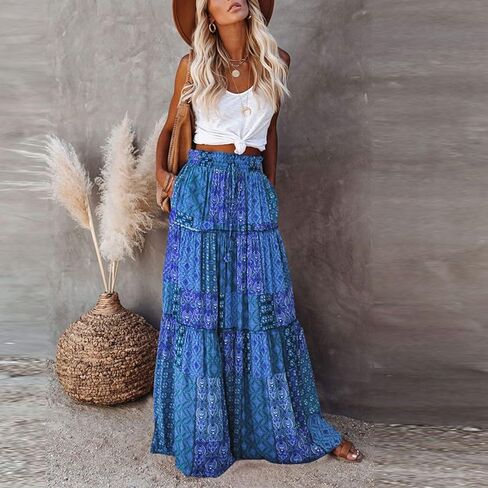 Womens Boho Tiered High Waist Tie Paisley Floral Print Long Maxi Skirt with Pockets in Saudi Arabia